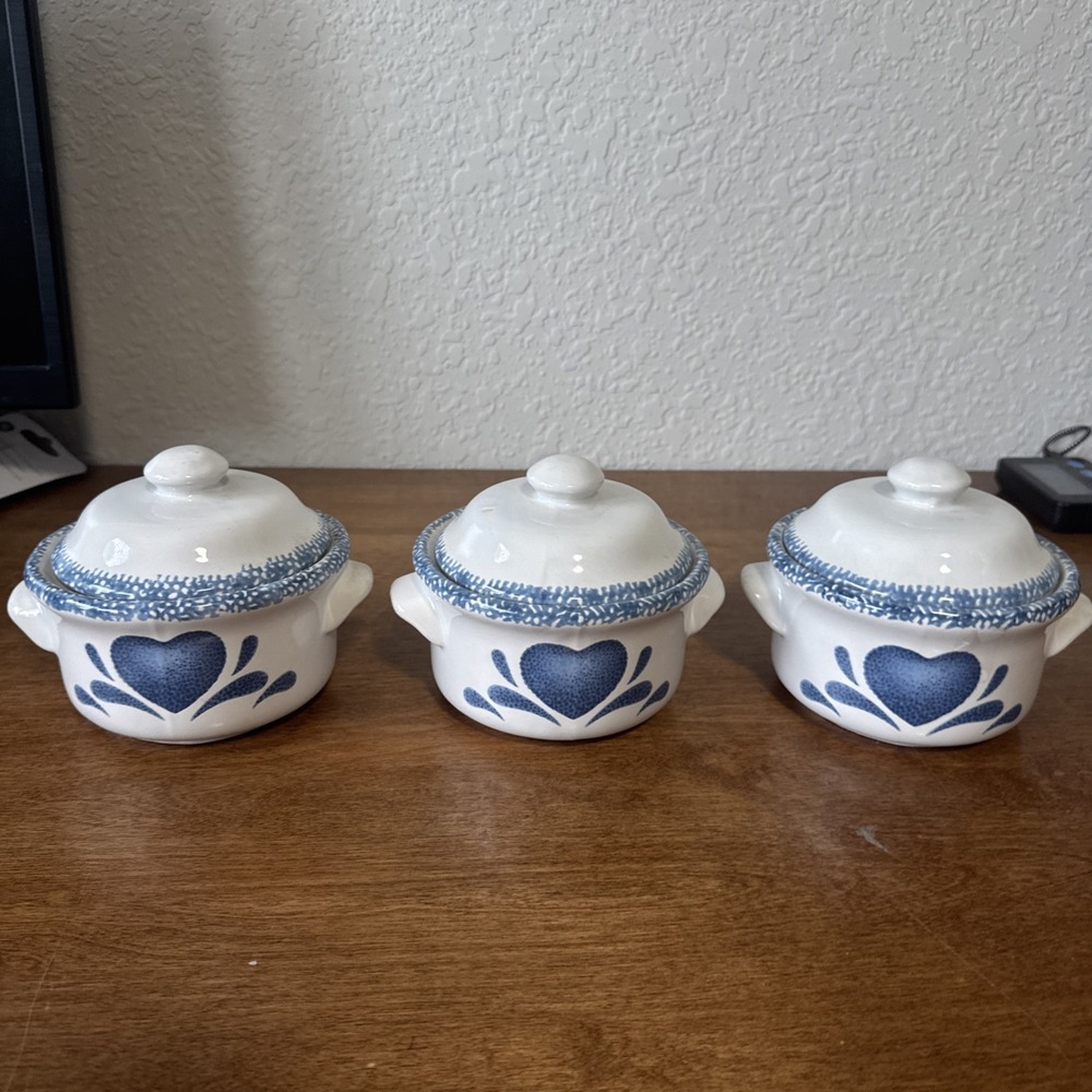 Corelle Blue Heart Soup Bean Crock Bowls Set of 3 Vintage 4.5" T 5" D